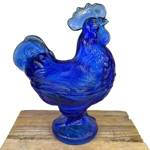 Cobalt Blue Glass Depression Style Rooster Chicken Candy Dish, Hen on Nest, Bowl